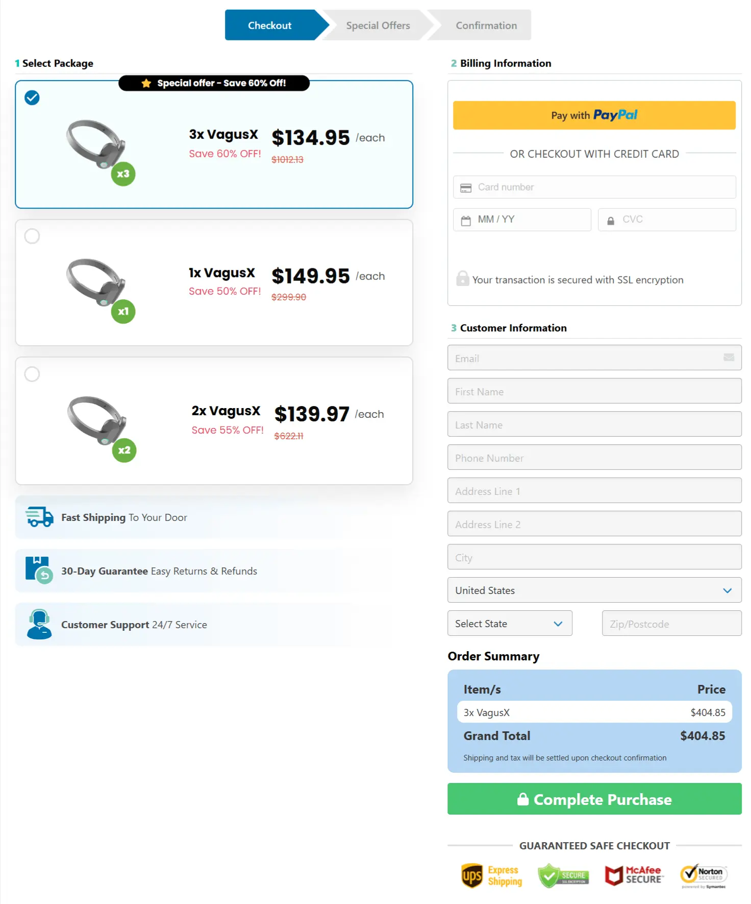 VagusX secure checkout page
